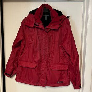 America Eagle red coat with black fur lining and  removable hood, Size M